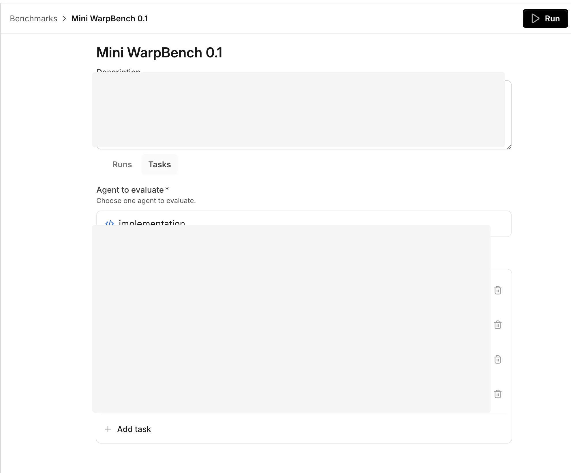 The benchmark editor showing a documentation-link review suite, a selected triage agent, and the Add task action.