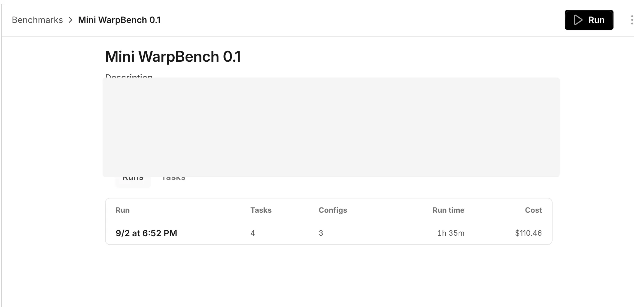 The Runs tab for a benchmark suite, with task, configuration, run time, and cost columns.