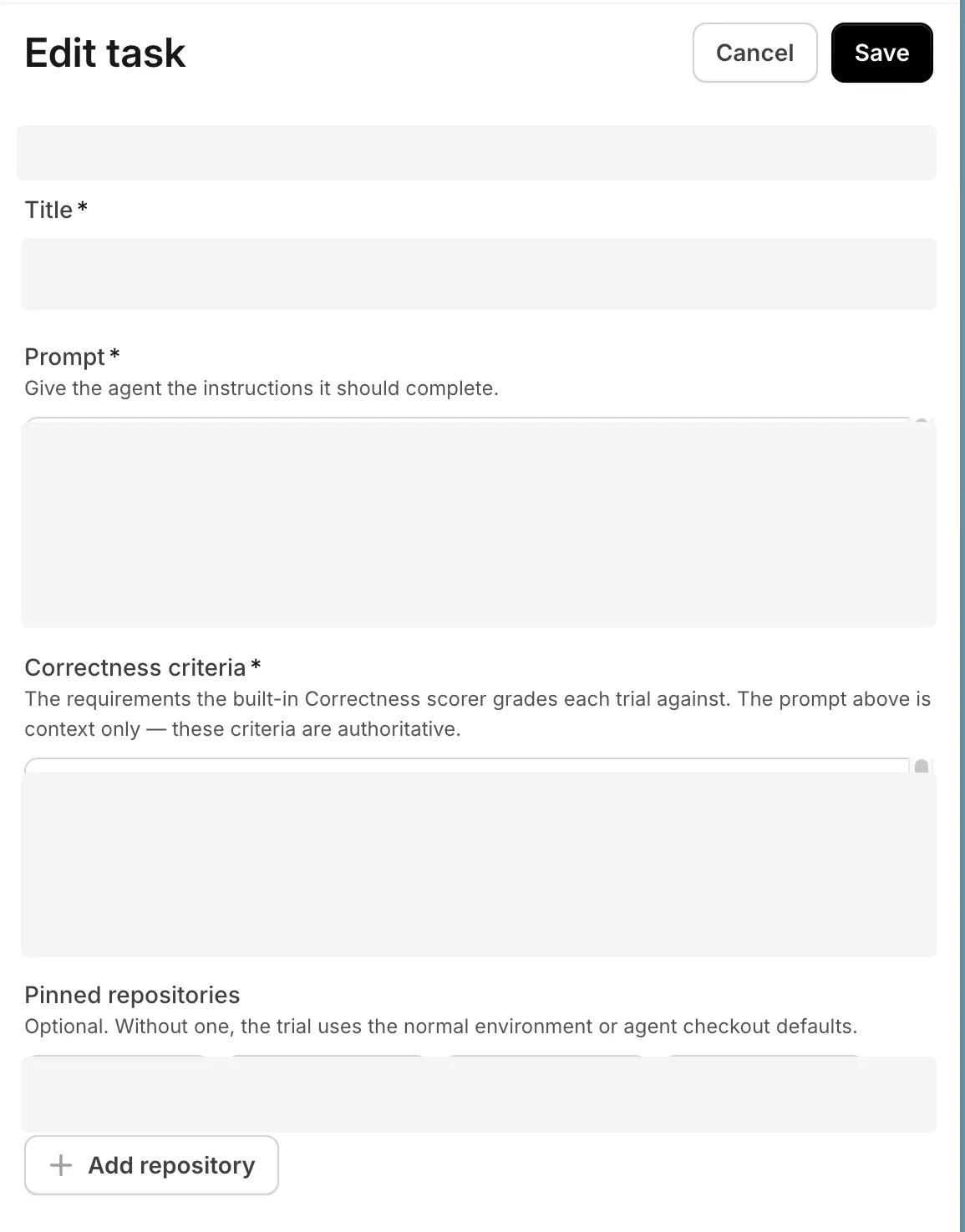 The task editor with fields for a title, prompt, correctness criteria, and pinned repositories.