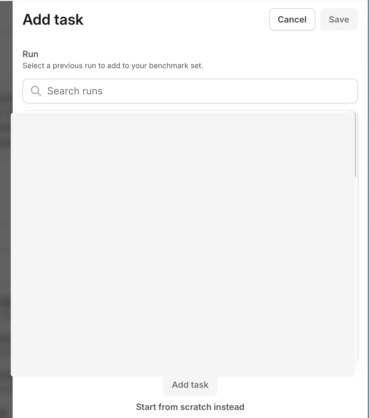 The Add task pane with a run search field, the list of completed runs, and the Start from scratch instead option.