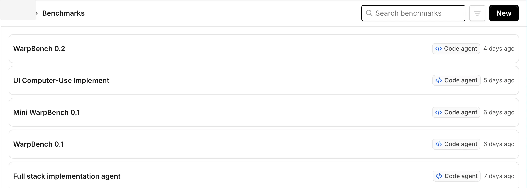 The Benchmarks page showing saved benchmark suites, a search field, and the New button.